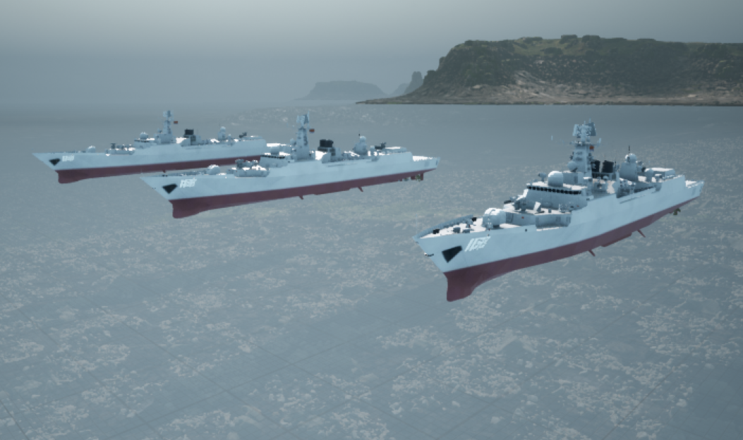 三艘舰船在海面编队运行